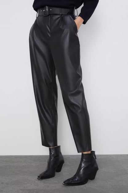 Faux Leather Belted Pants