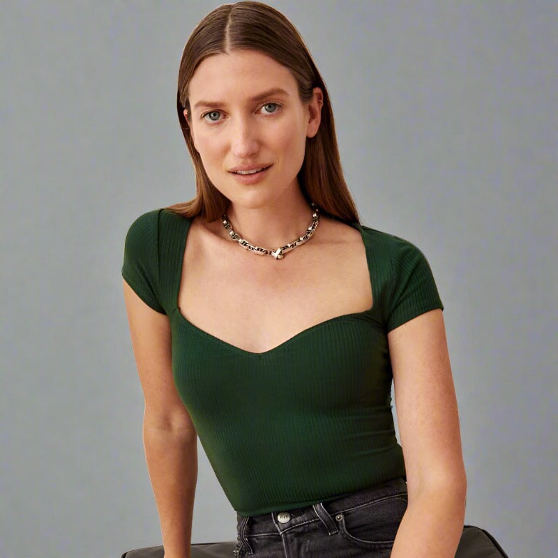 Elegant Sweetheart Neckline Top - white, black, and green, flattering sweetheart neckline, short sleeves, fitted design, high-quality ribbed fabric, perfect for both formal events and casual outings.