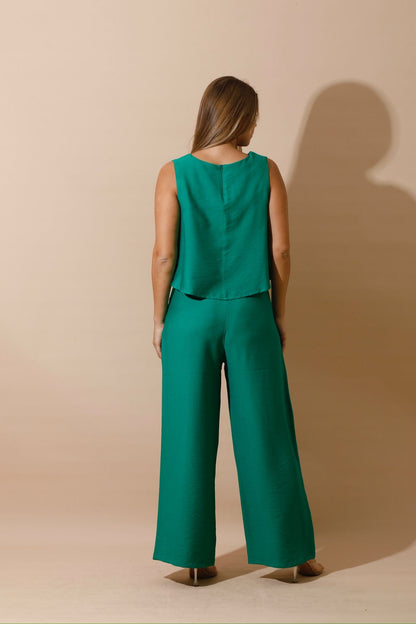 Linen-Blend Sleeveless Tank Top & Wide Leg Trouser Pant - Green-2