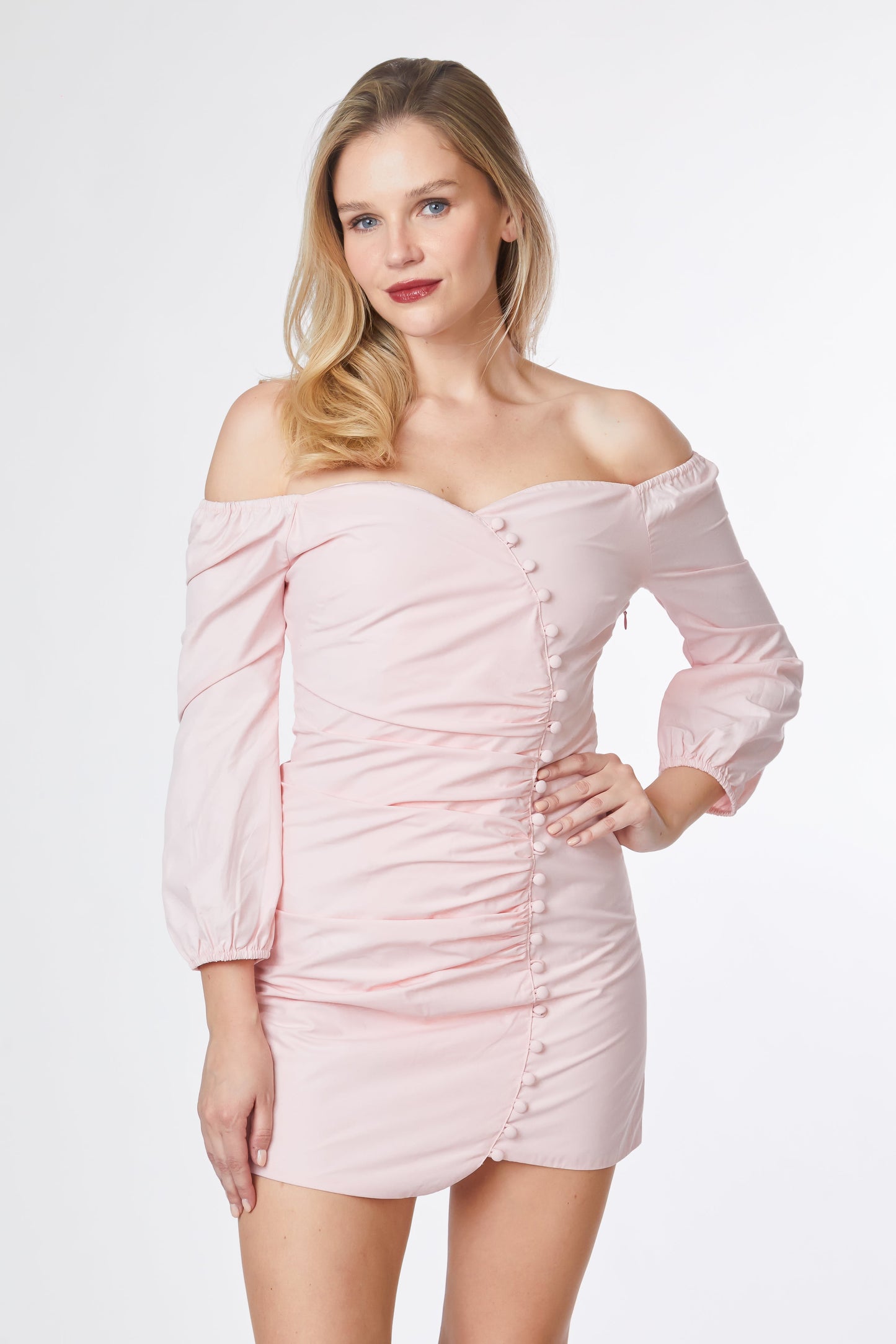 Off Shoulder Sweetheart Ruched Mini Dress-3