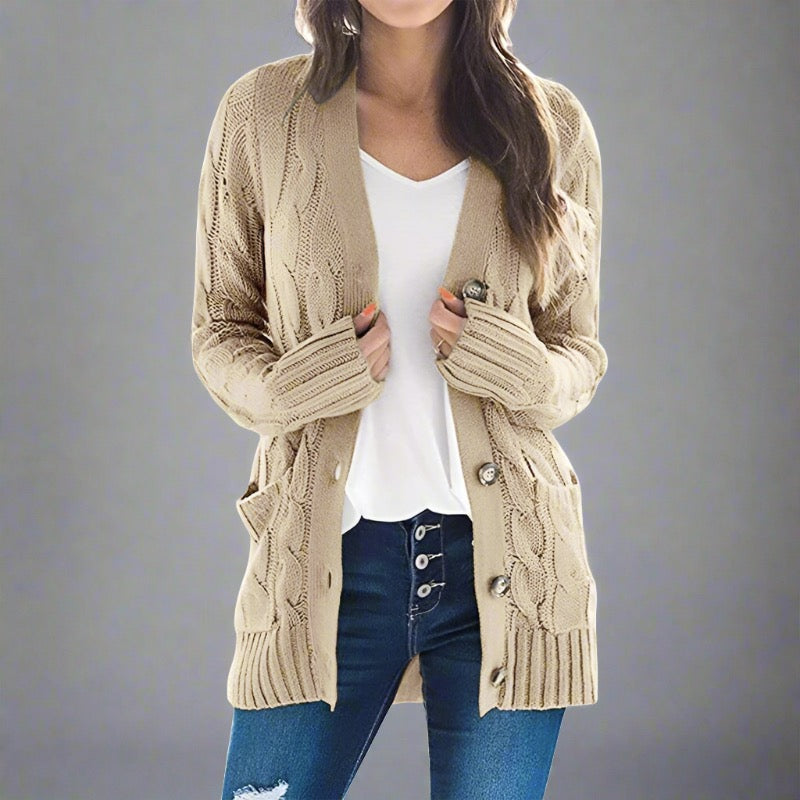 Cozy Cable Knit Cardigan - gray, classic cable knit design, long sleeves, button-down front, front pockets, soft high-quality fabric, perfect for casual outings and layering.