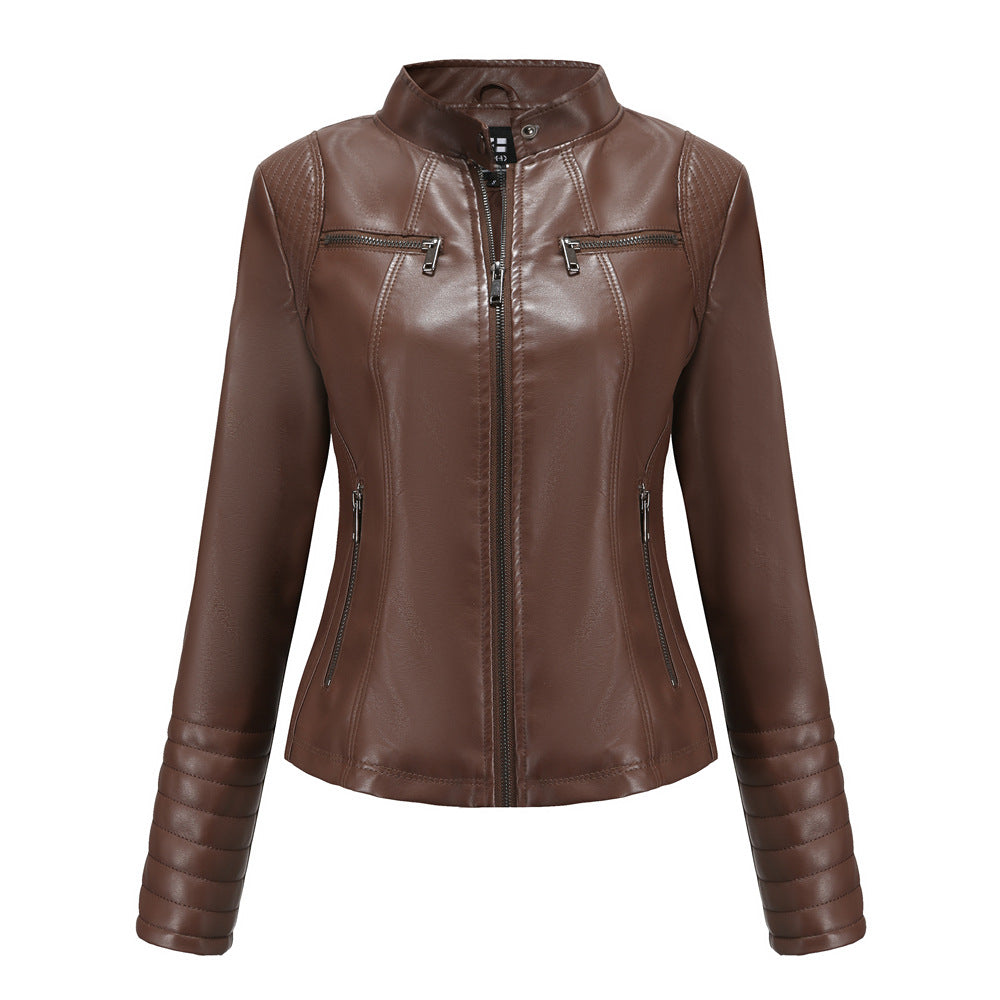 Stand Collar Zipper Faux Leather Jacket