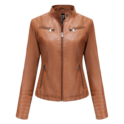 Stand Collar Zipper Faux Leather Jacket