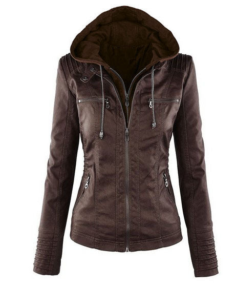 Faux Leather Zip Up Hooded Jacket