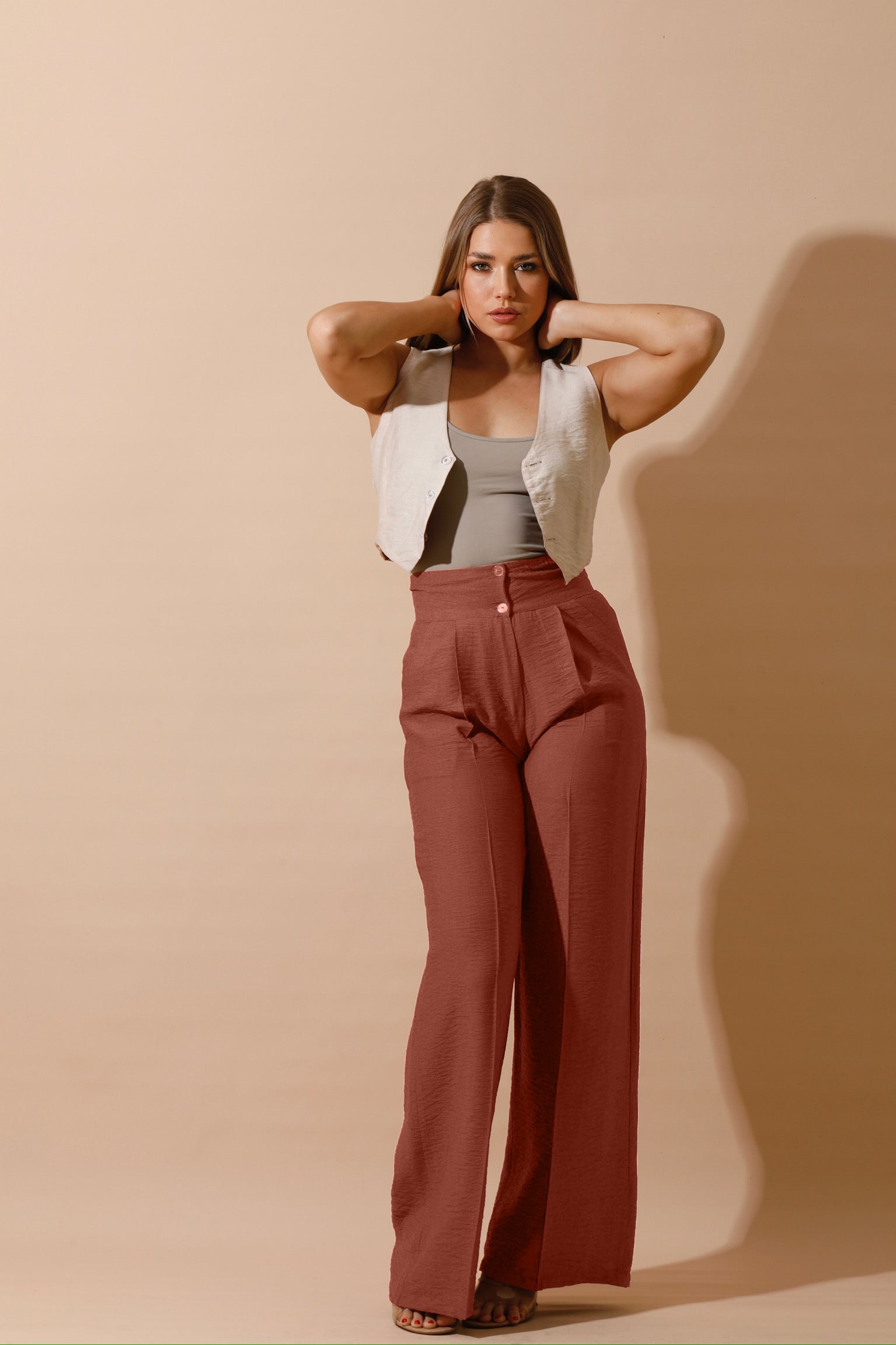 Linen-blend Double-Faced Vest & High Waist Trouser Pant - Havan/Beige-2