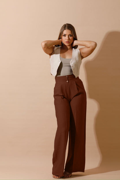 Linen-blend Double-Faced Vest & High Waist Trouser Pant - Brown/Beige-4