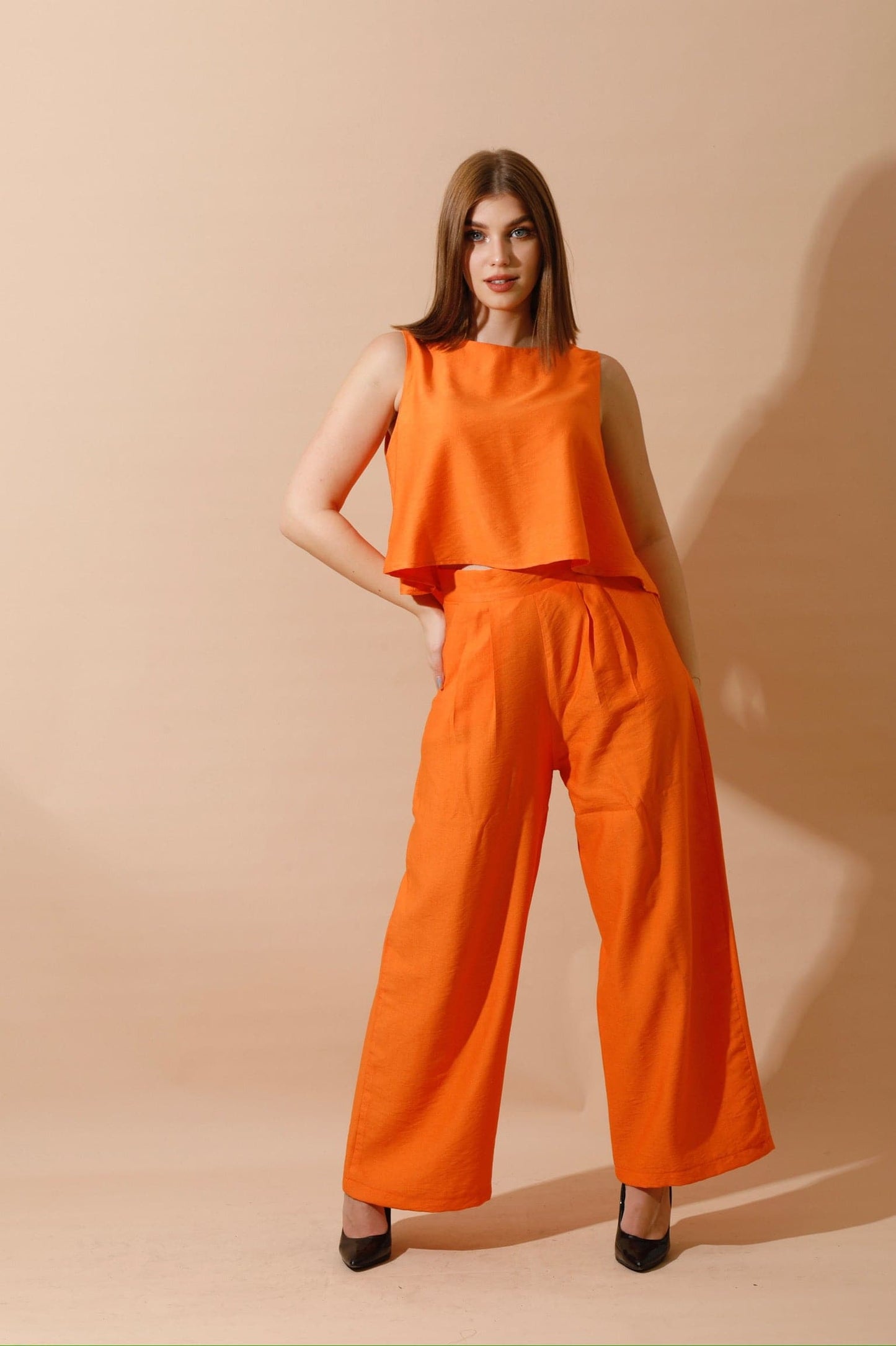 Linen-Blend Sleeveless Tank Top & Wide Leg Trouser Pant - Orange-2