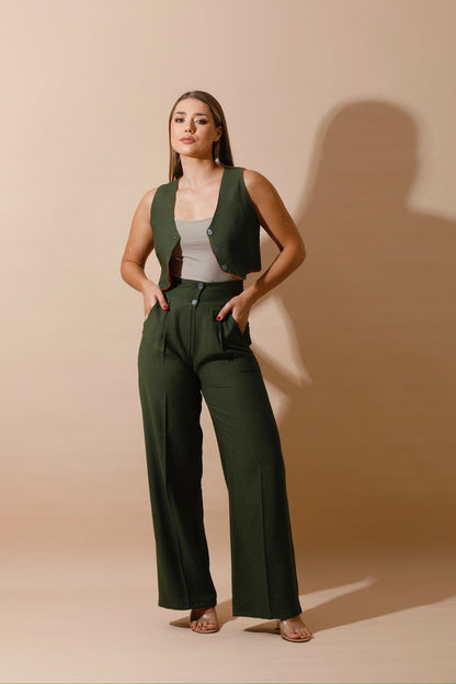 Linen-blend Double-Faced Vest & High Waist Trouser Pant - Olive/Orange-1