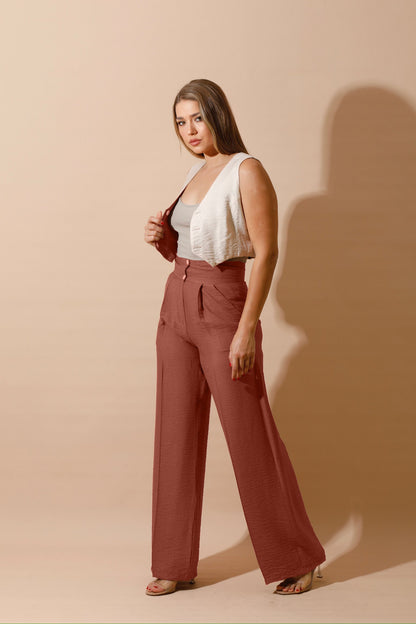 Linen-blend Double-Faced Vest & High Waist Trouser Pant - Havan/Beige-4