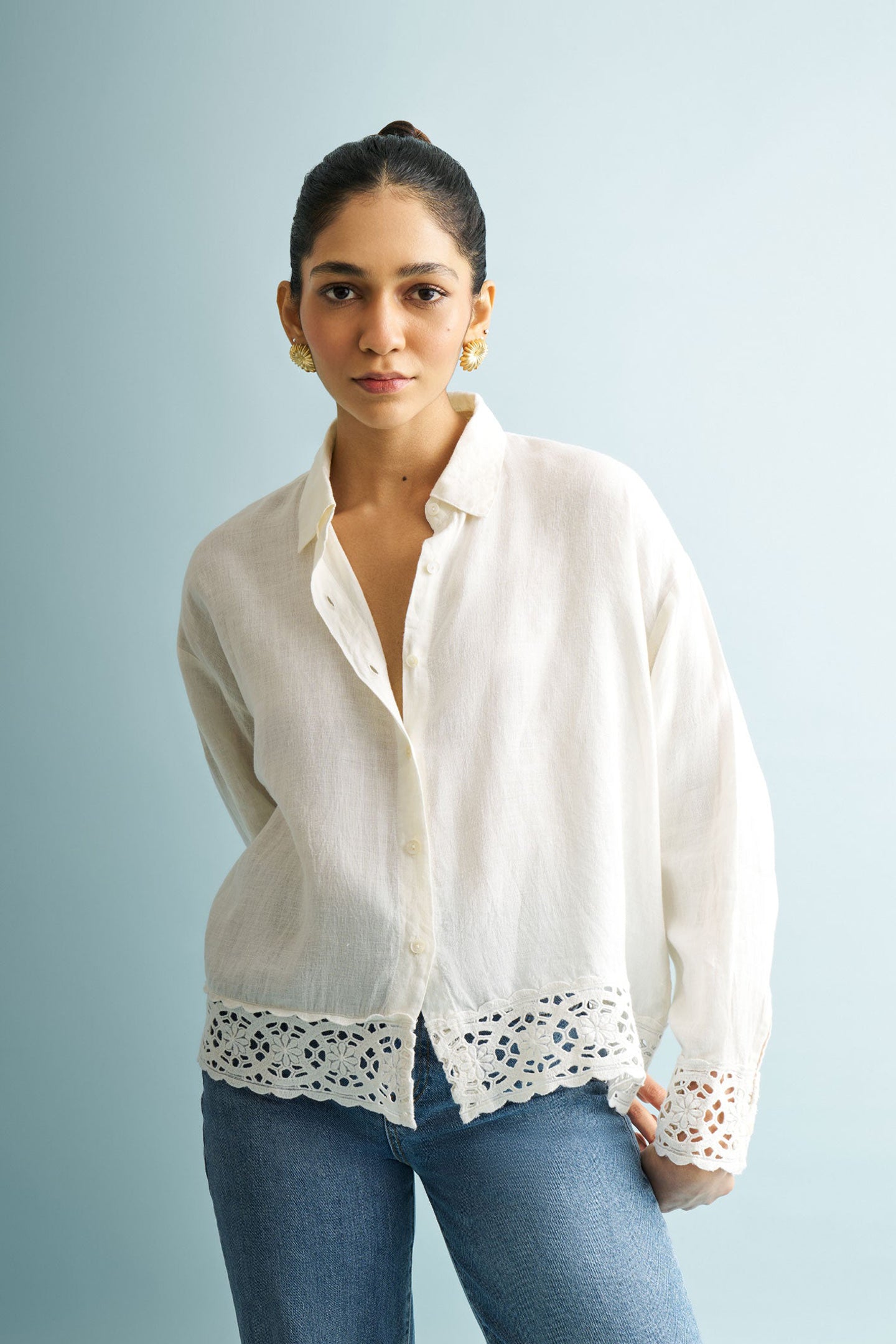 Button-down with Lace Shirt in Off-white-0