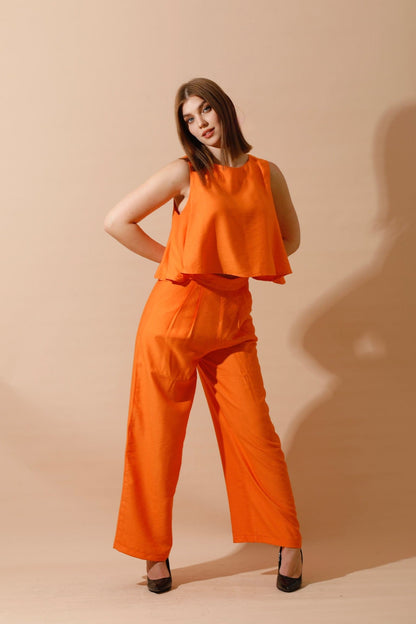 Linen-Blend Sleeveless Tank Top & Wide Leg Trouser Pant - Orange-4