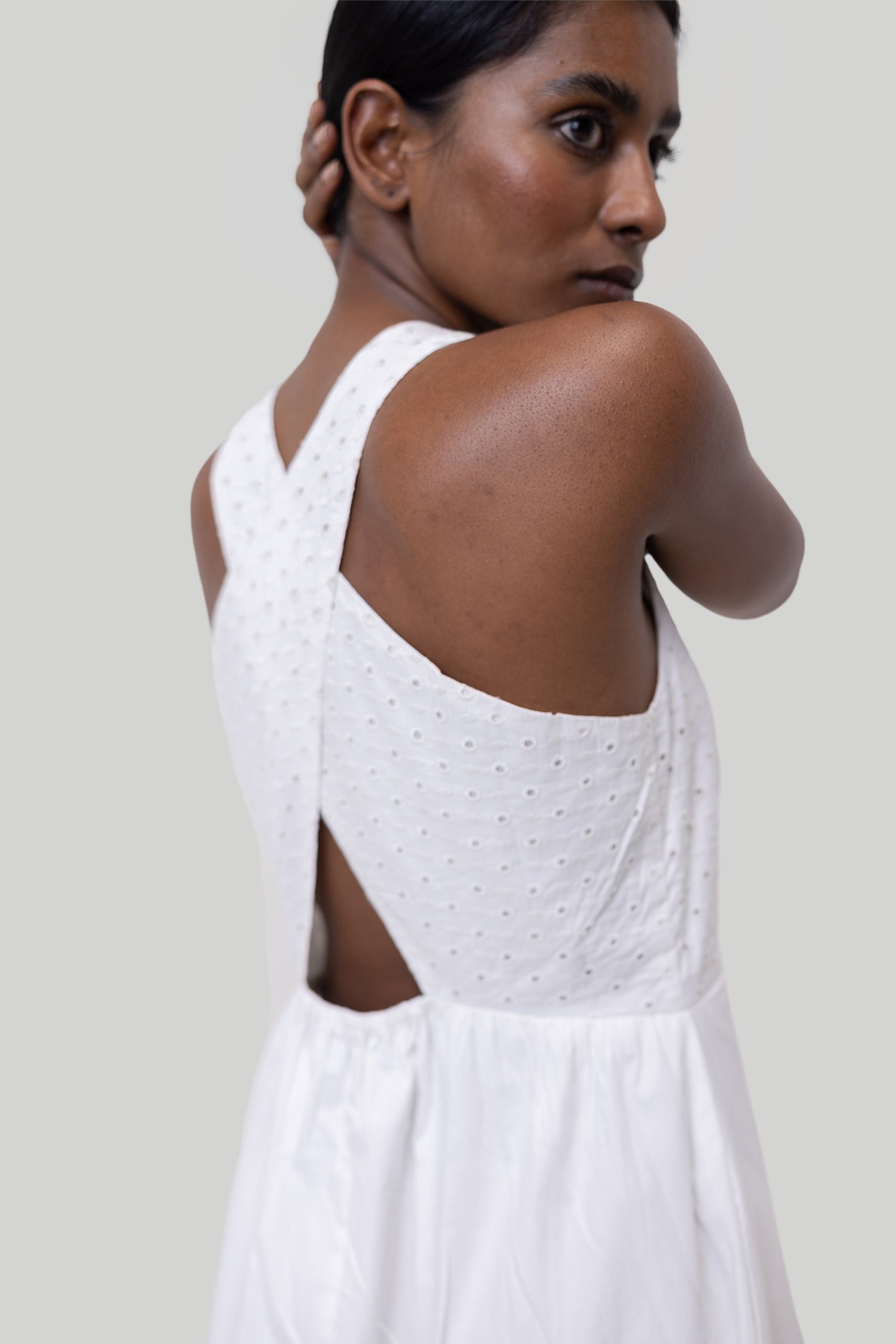 Cross-back Midi Dress in Eyelet Embroidery-1