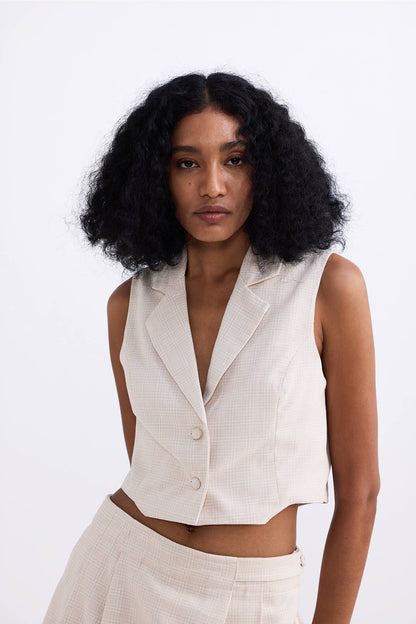 Cropped Cotton Tweed Vest in Cream-0