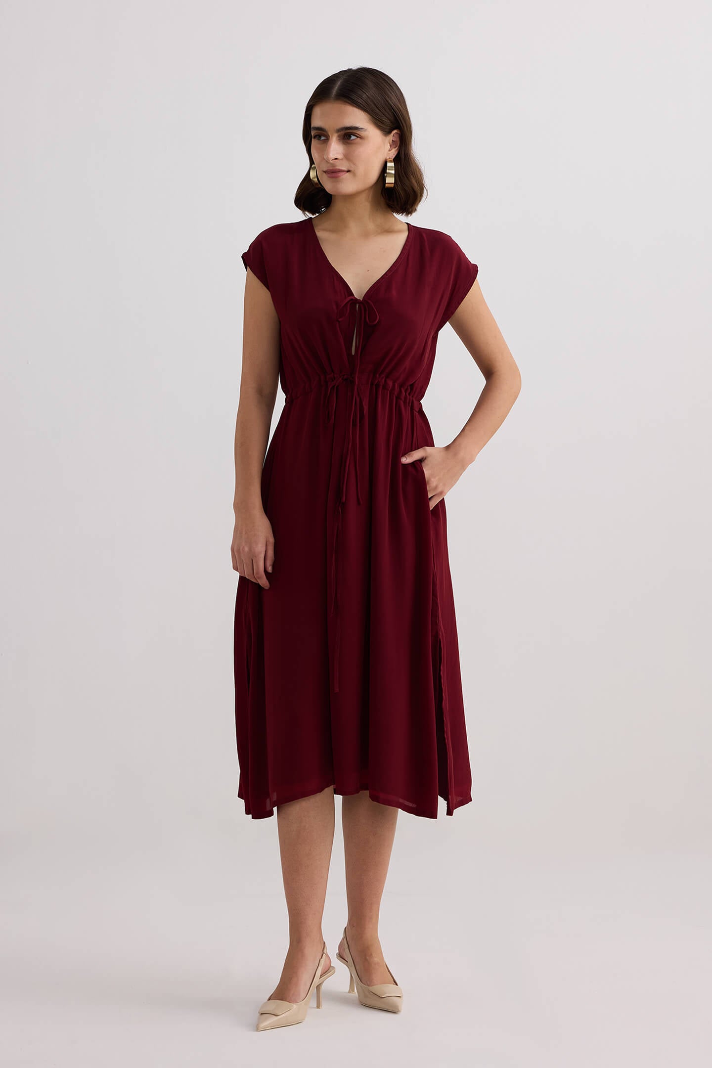 Deep V-neck Gathered Dress in Burgundy-4