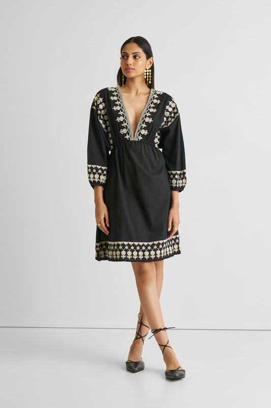 Deep V Embroidered Dress in Black-0