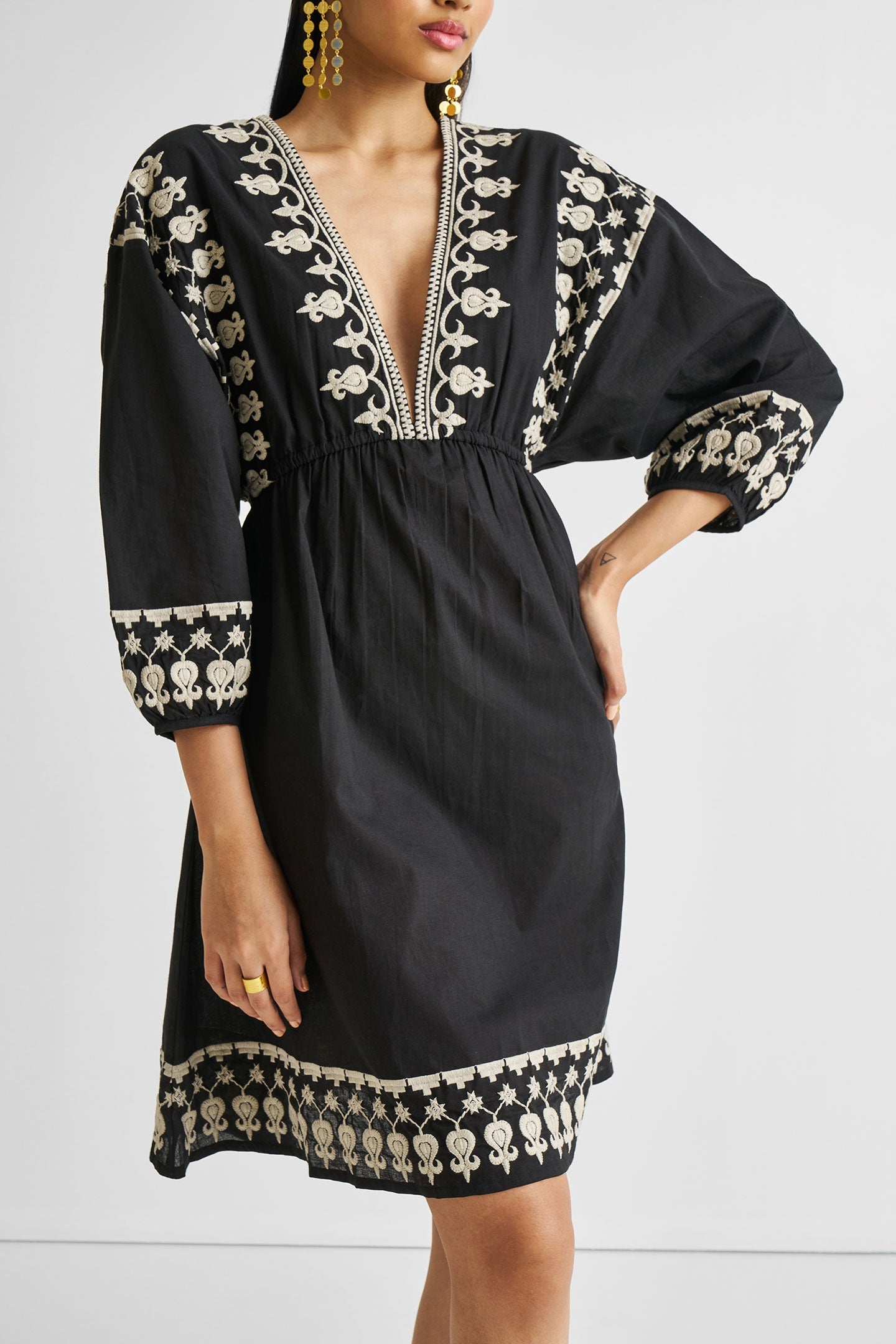 Deep V Embroidered Dress in Black-4