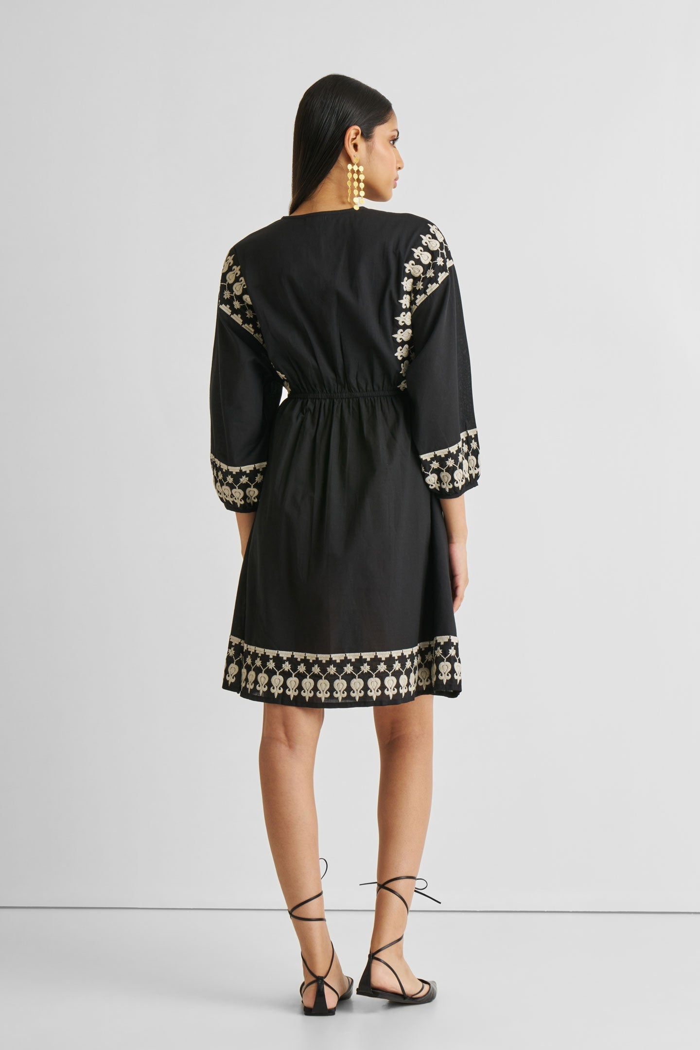 Deep V Embroidered Dress in Black-1