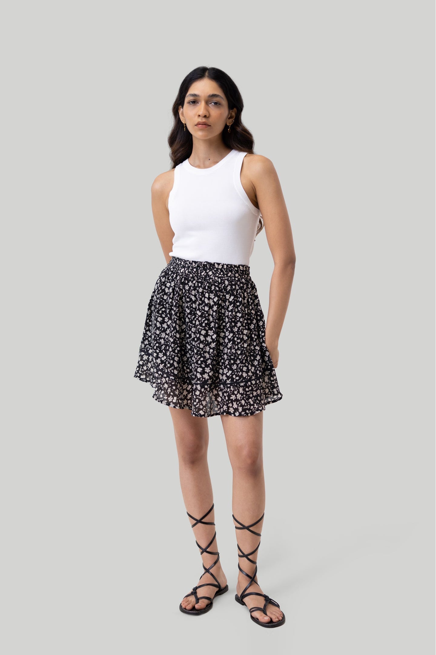 Drawstring Short Skirt in Black Floral-0