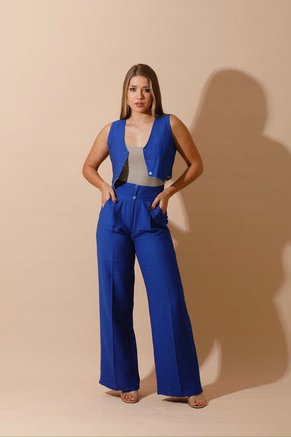 Linen-blend Double-Faced Vest & High Waist Trouser Pant -  Blue-1