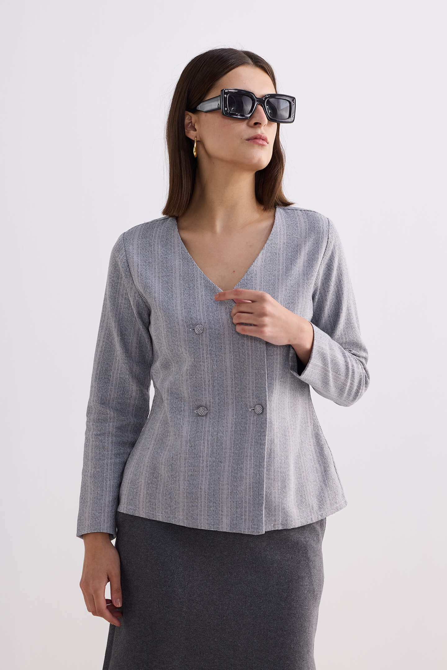 Fitted Cotton Tweed Jacket in Grey-3