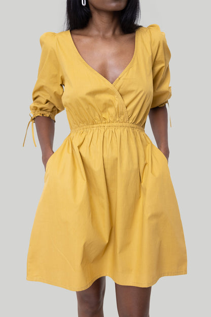 Gathered Elbow Sleeve Short Dress in Mustard-2