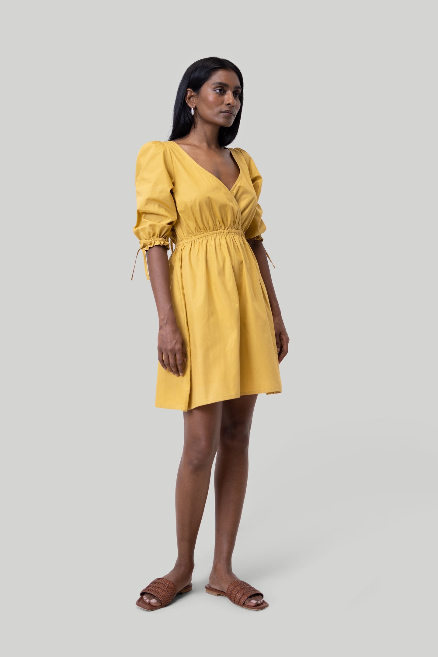 Gathered Elbow Sleeve Short Dress in Mustard-4