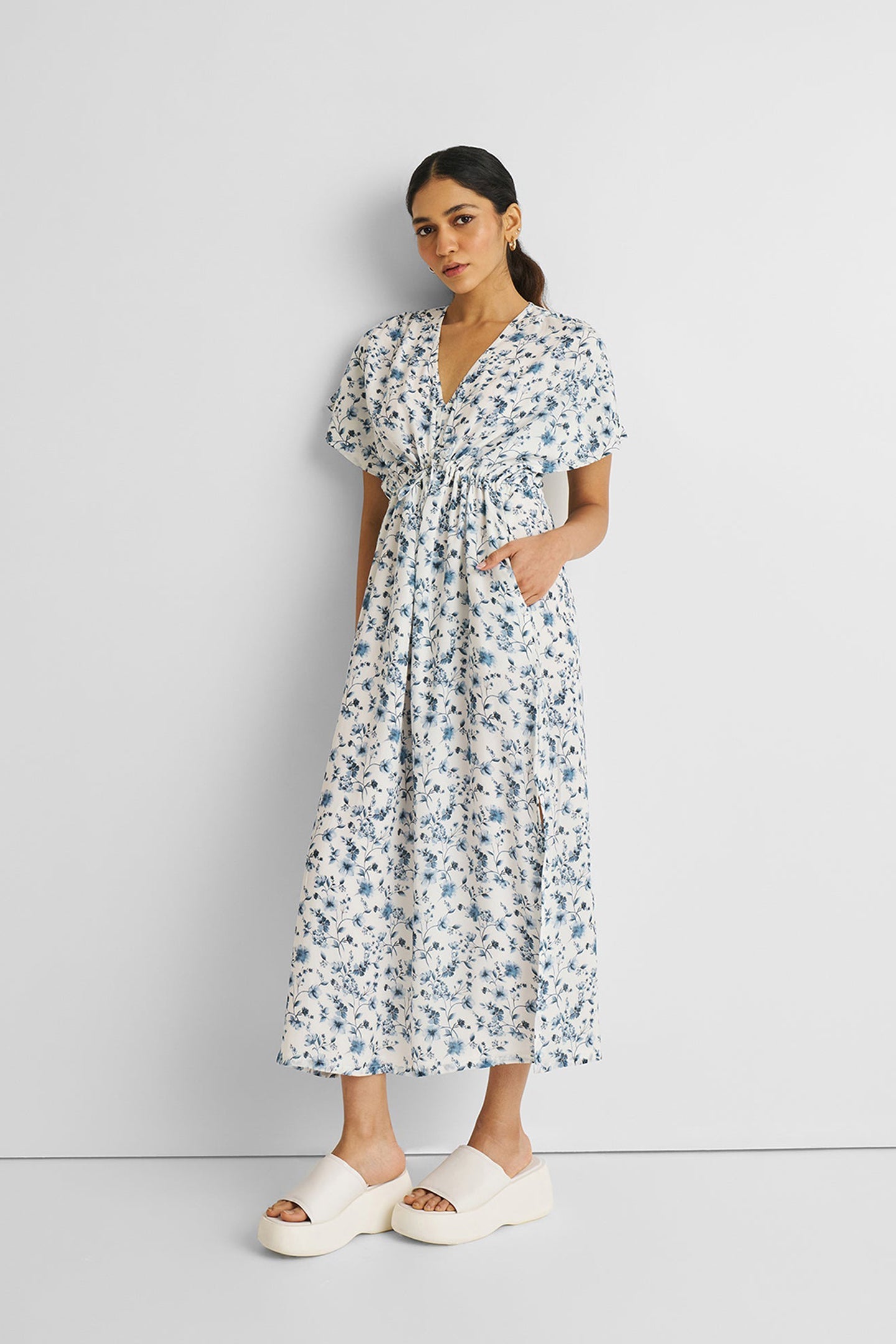 Gathered Maxi Dress in Blue Florals-0