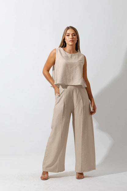 Linen-Blend Sleeveless Tank Top & Wide Leg Trouser Pant - Beige-4