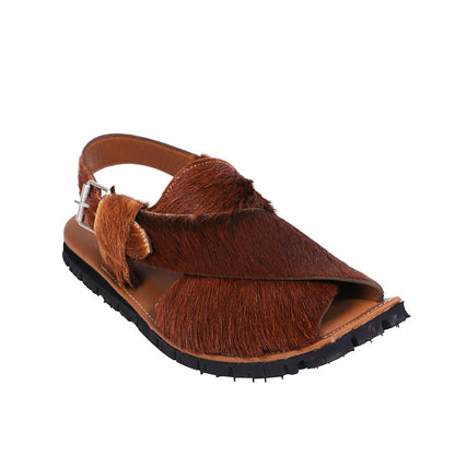 Mikaal Natural Mens Cow Hair On Rugged Leather Sandals Peshawari Chappal-2