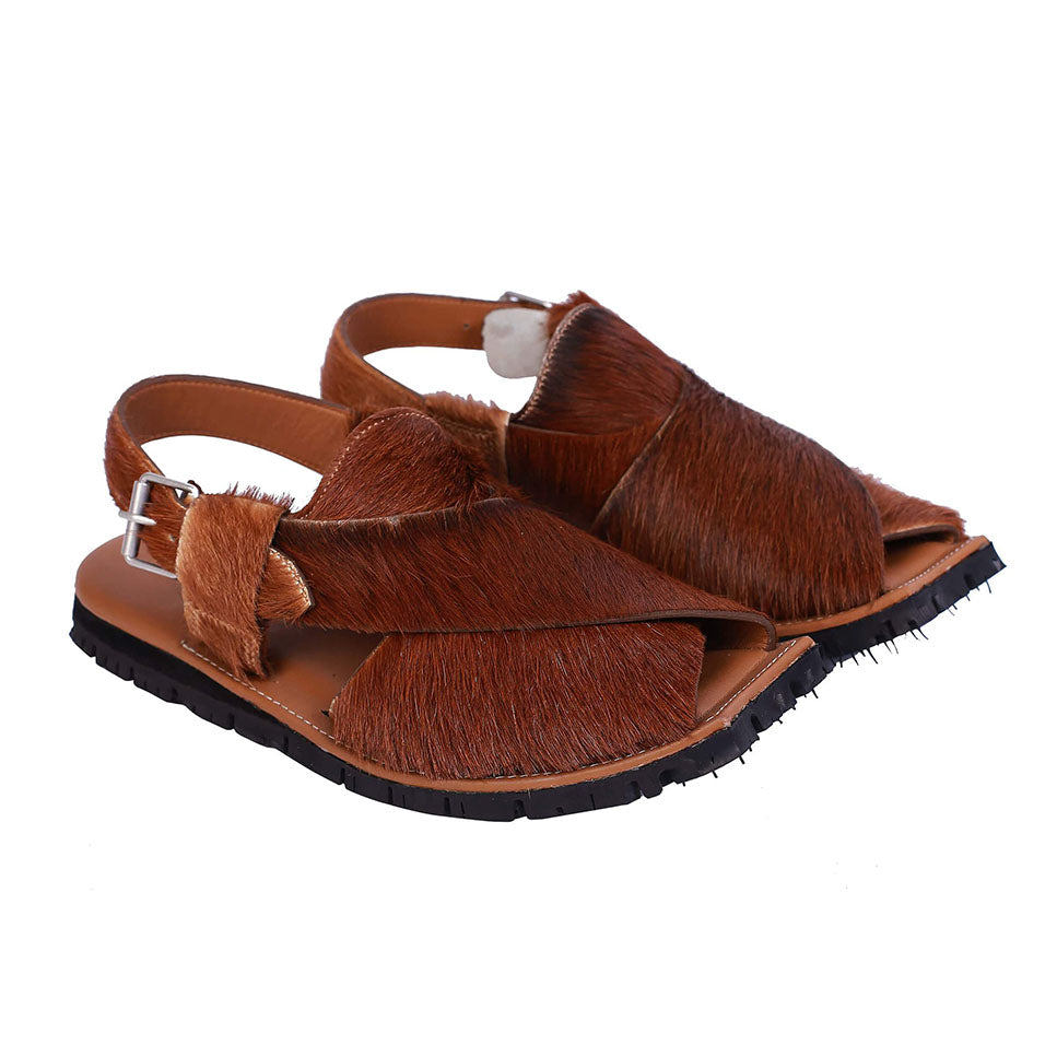 Mikaal Natural Mens Cow Hair On Rugged Leather Sandals Peshawari Chappal-1