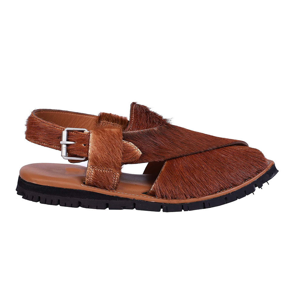 Mikaal Natural Mens Cow Hair On Rugged Leather Sandals Peshawari Chappal-3