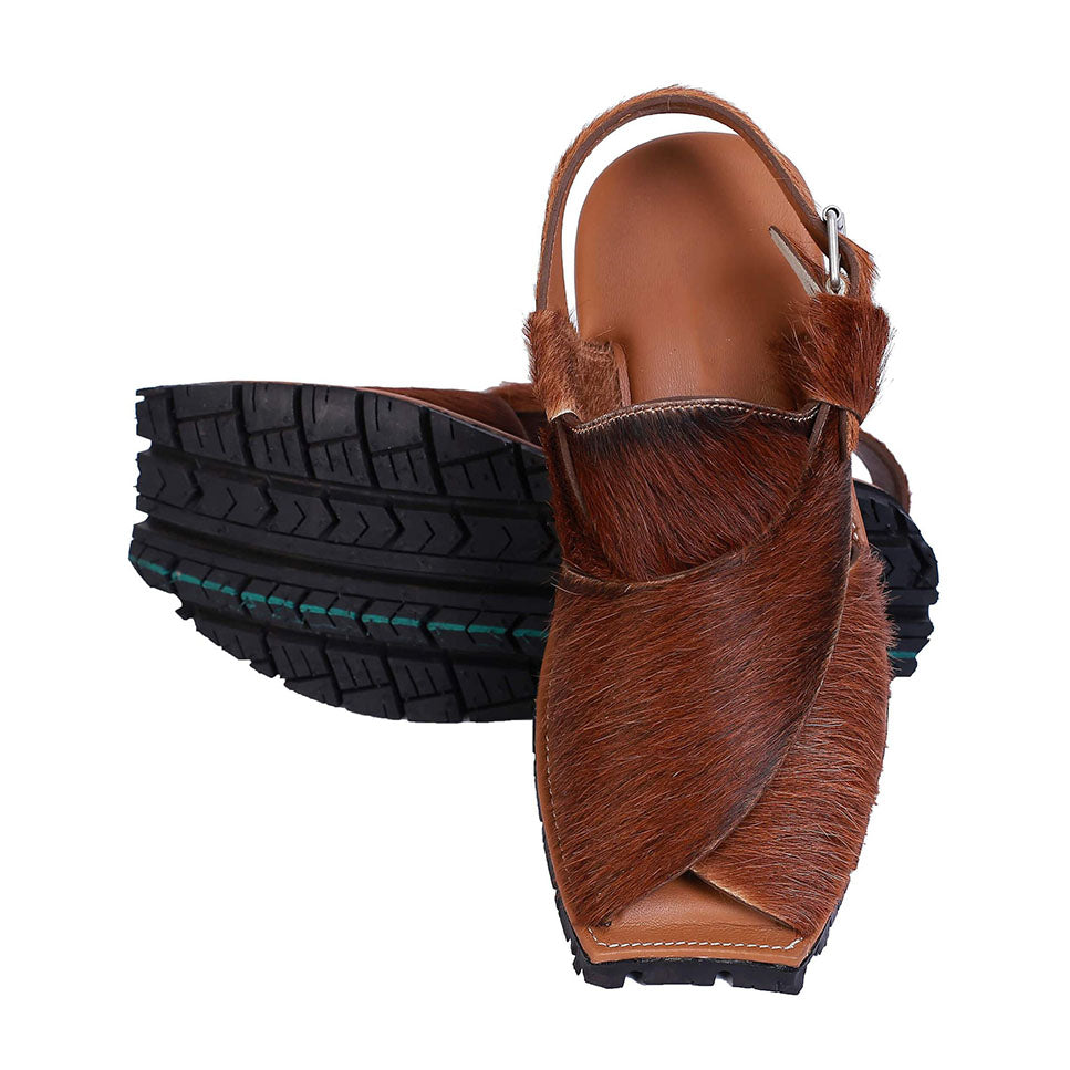 Mikaal Natural Mens Cow Hair On Rugged Leather Sandals Peshawari Chappal-0