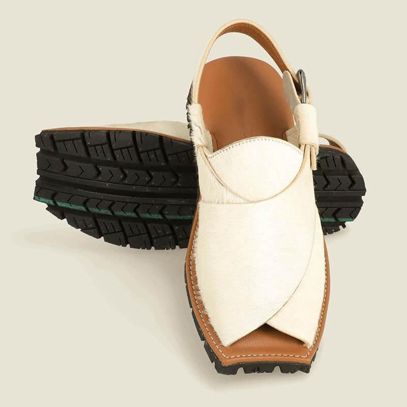 Mikaal Natural Mens Cow Hair On Rugged Leather Sandals Peshawari Chappal-4