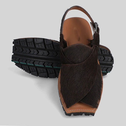 Mikaal Natural Mens Cow Hair On Rugged Leather Sandals Peshawari Chappal-5