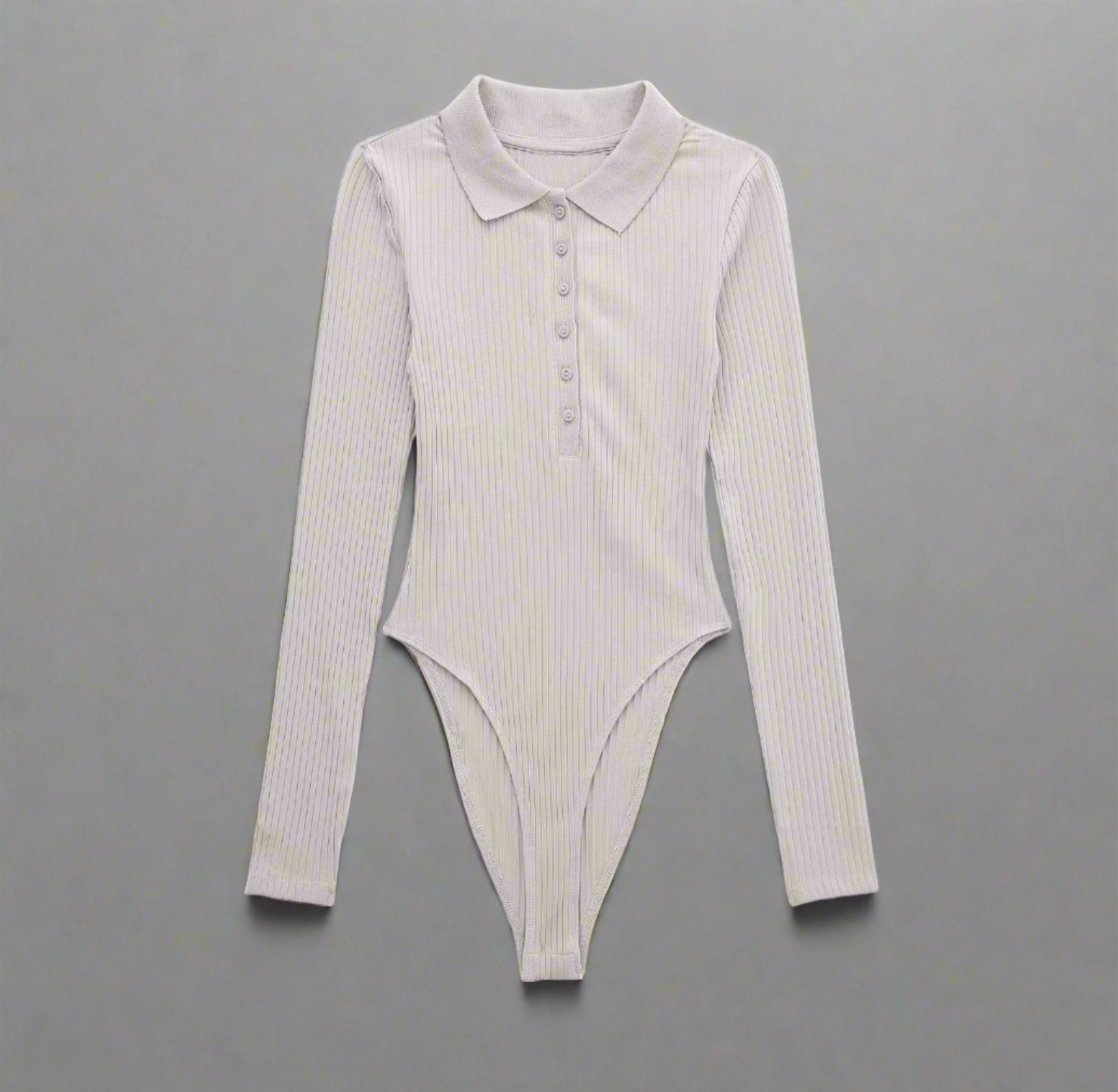 Classic Ribbed Long Sleeve Bodysuit - available in white, light gray, and brown, collared neckline, long sleeves, button-up front, ribbed fabric, fitted design, perfect for layering or wearing on its own.