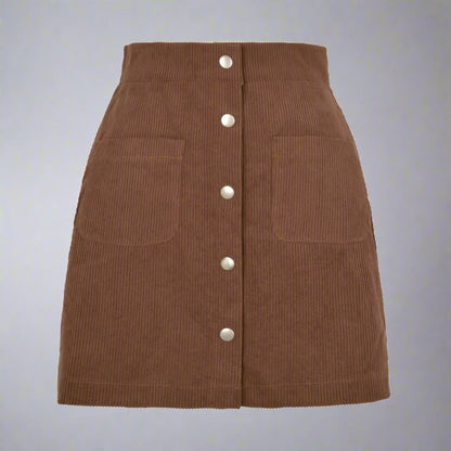 Woman wearing a High-Waist Corduroy Button-Up Skirt in a warm, earthy tone, featuring a front button-up closure and two front pockets.