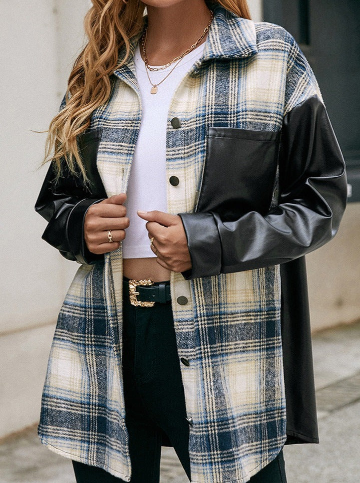 Faux Leather Sleeve Plaid Shacket