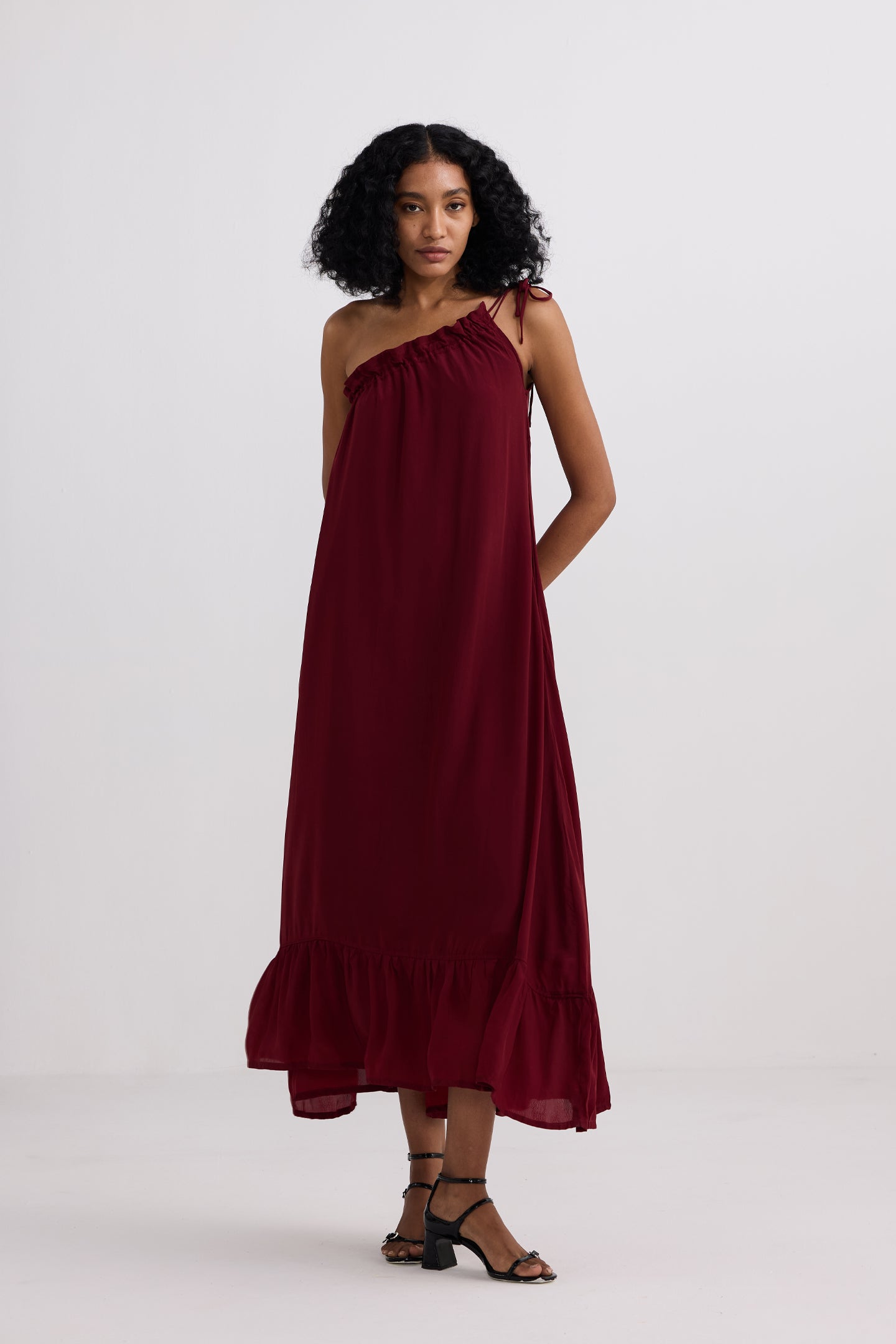 One-shoulder Midi dress in Burgundy-0