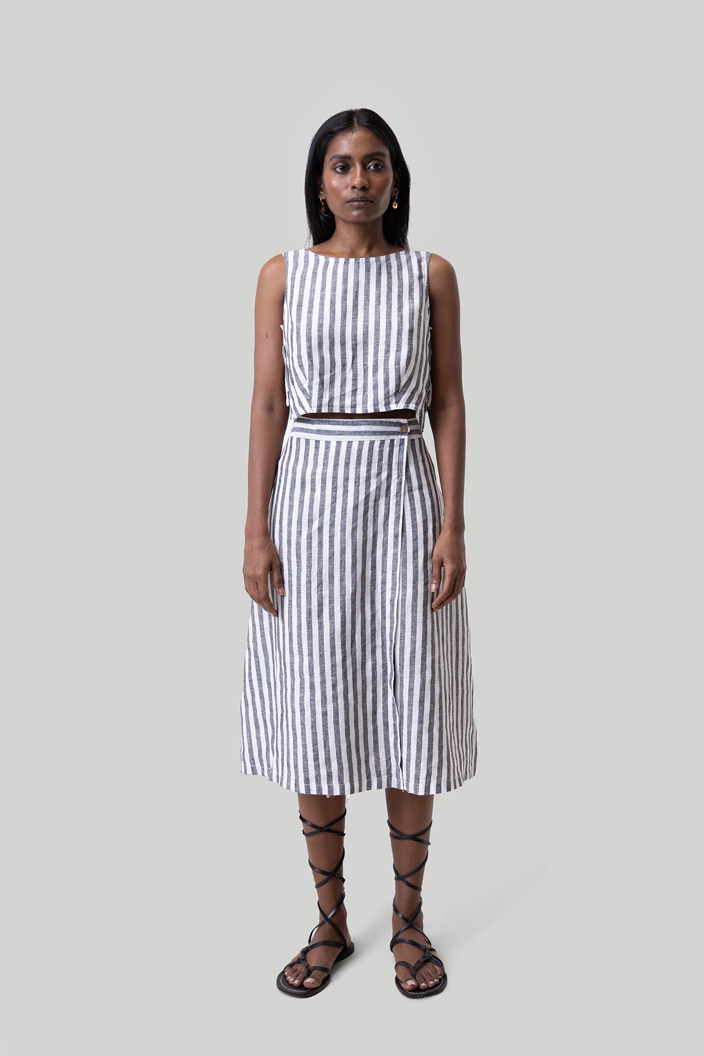 Overlap Midi Skirt in Linen Stripes-0