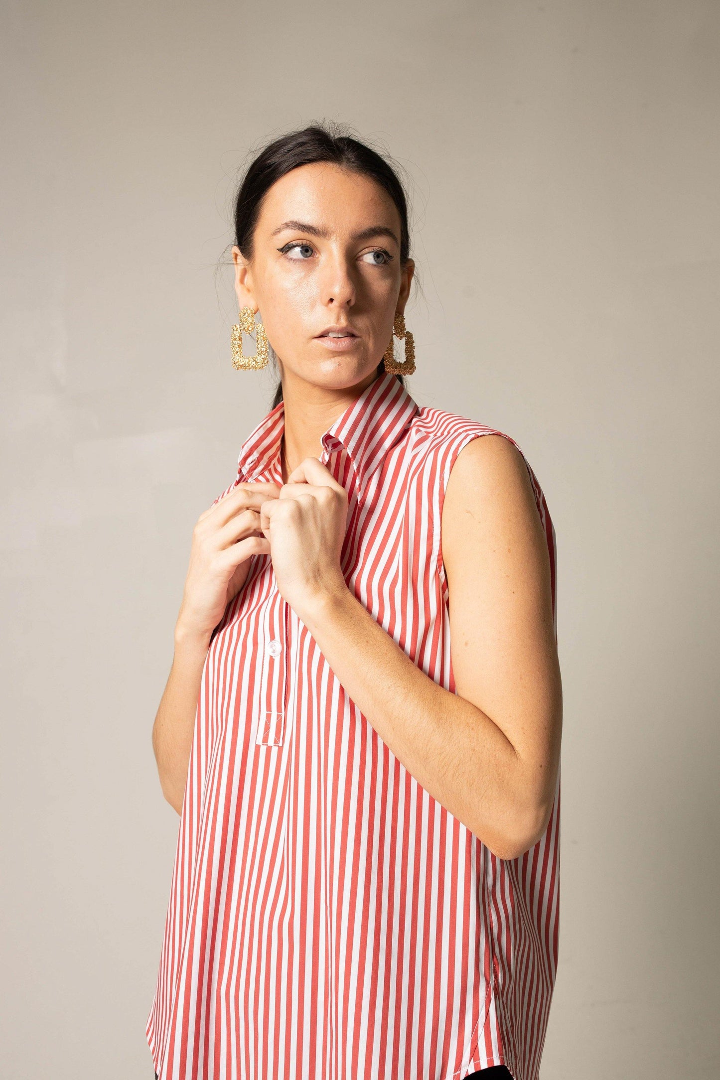 Italian Cotton Stripe Red Sleeveless Top-0