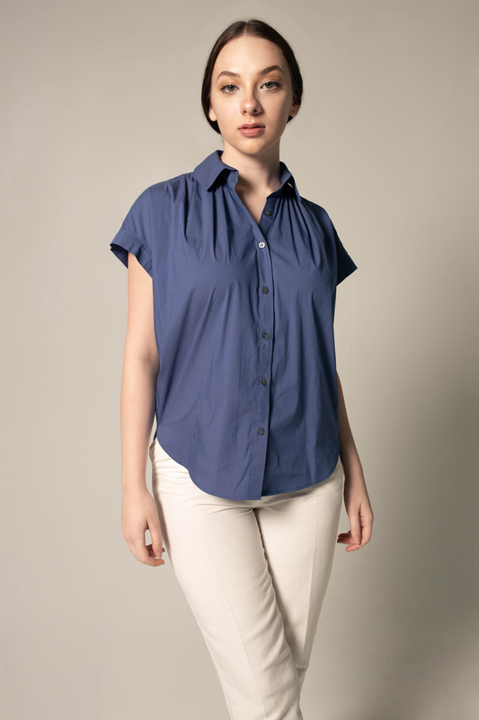 Women's Gather Collar Shirt in Navy-0