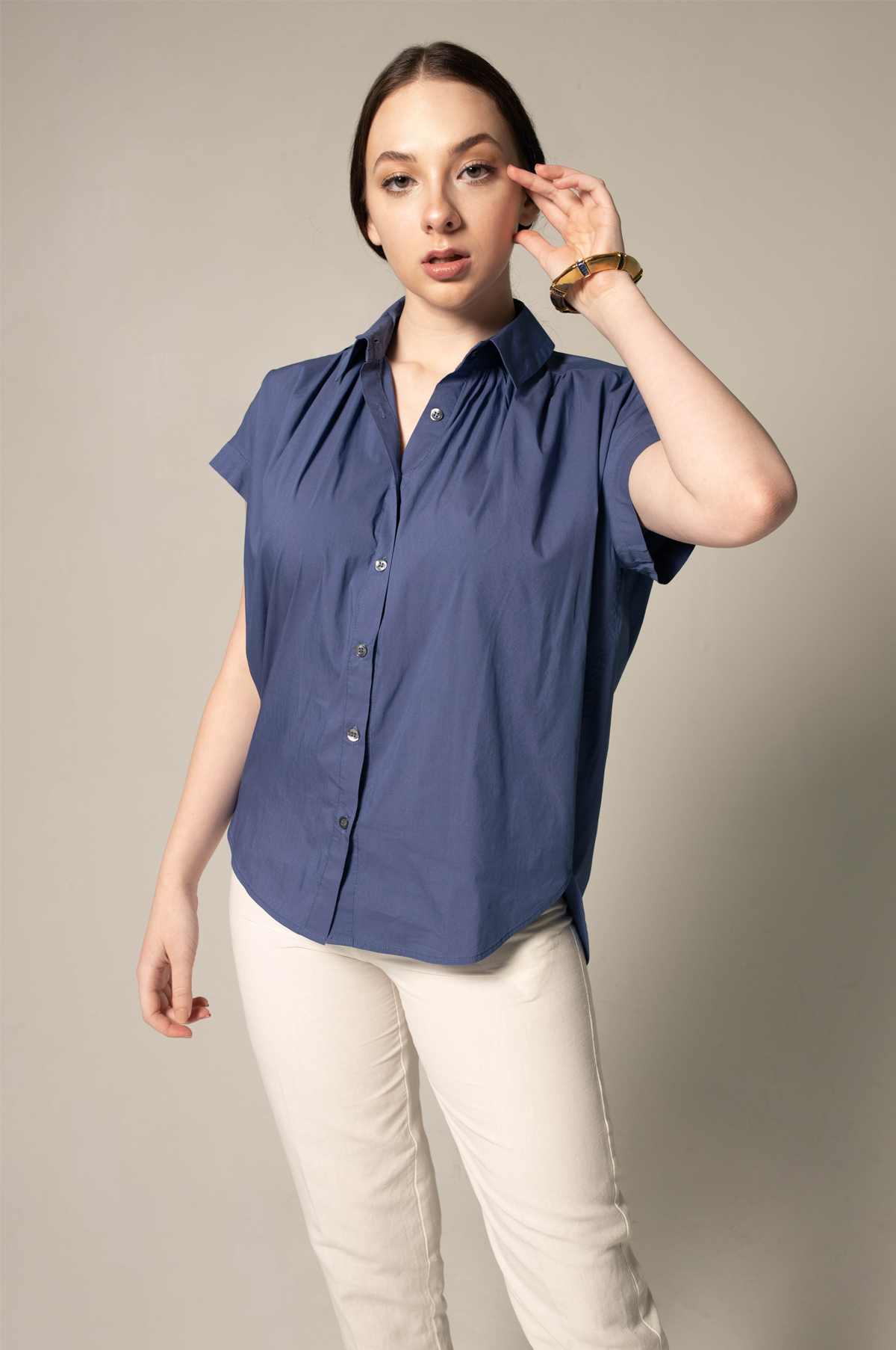 Women's Gather Collar Shirt in Navy-1