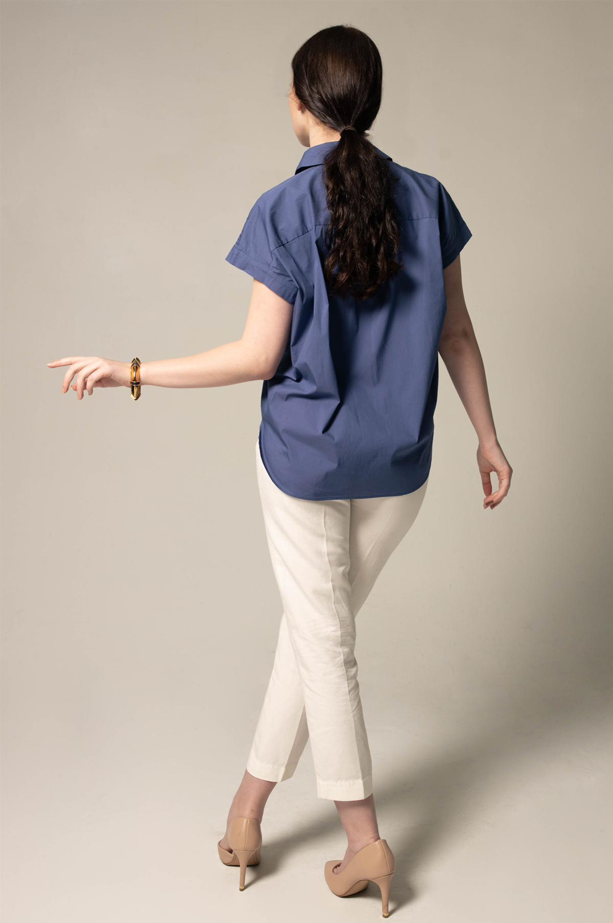 Women's Gather Collar Shirt in Navy-3