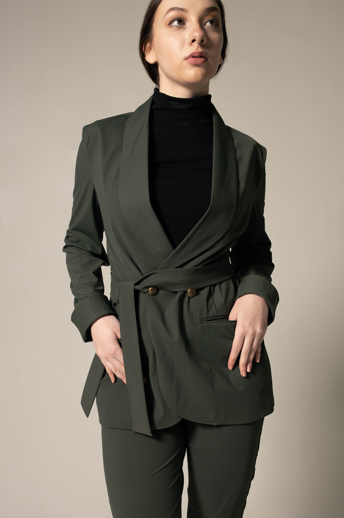 Women's Olive Blazer with Front Buttons-1