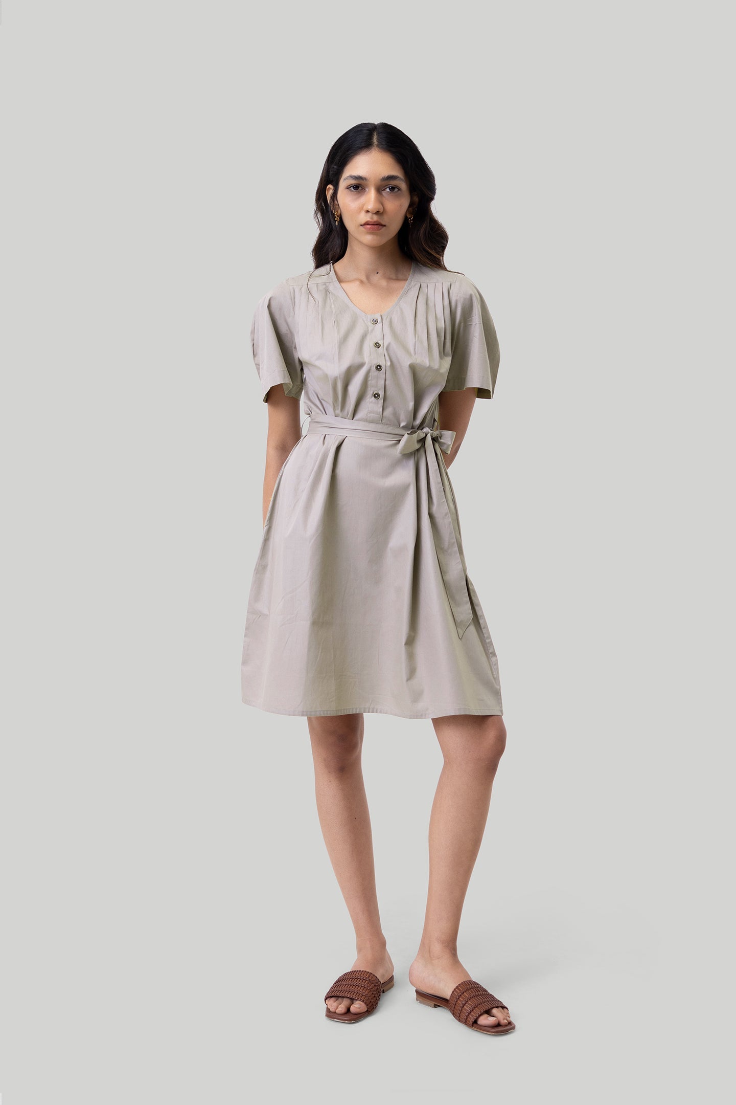 Pleated Tent Dress in Ecru-0