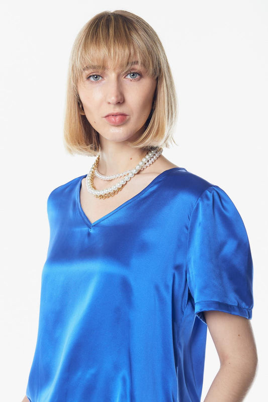 Shining V-Neck Blouse in Blue-0