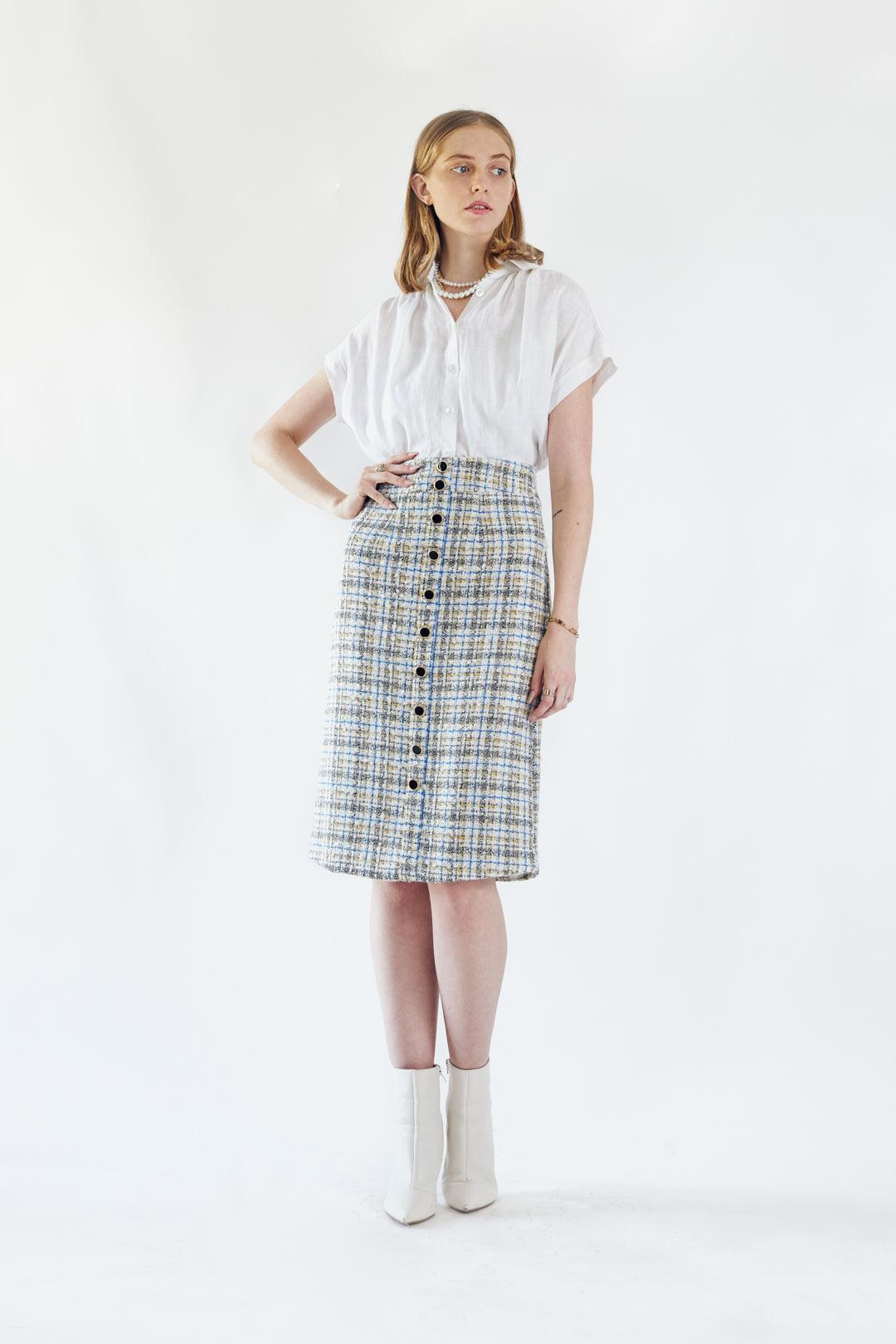 Luxe Plaid Tweed Pencil Skirt-0