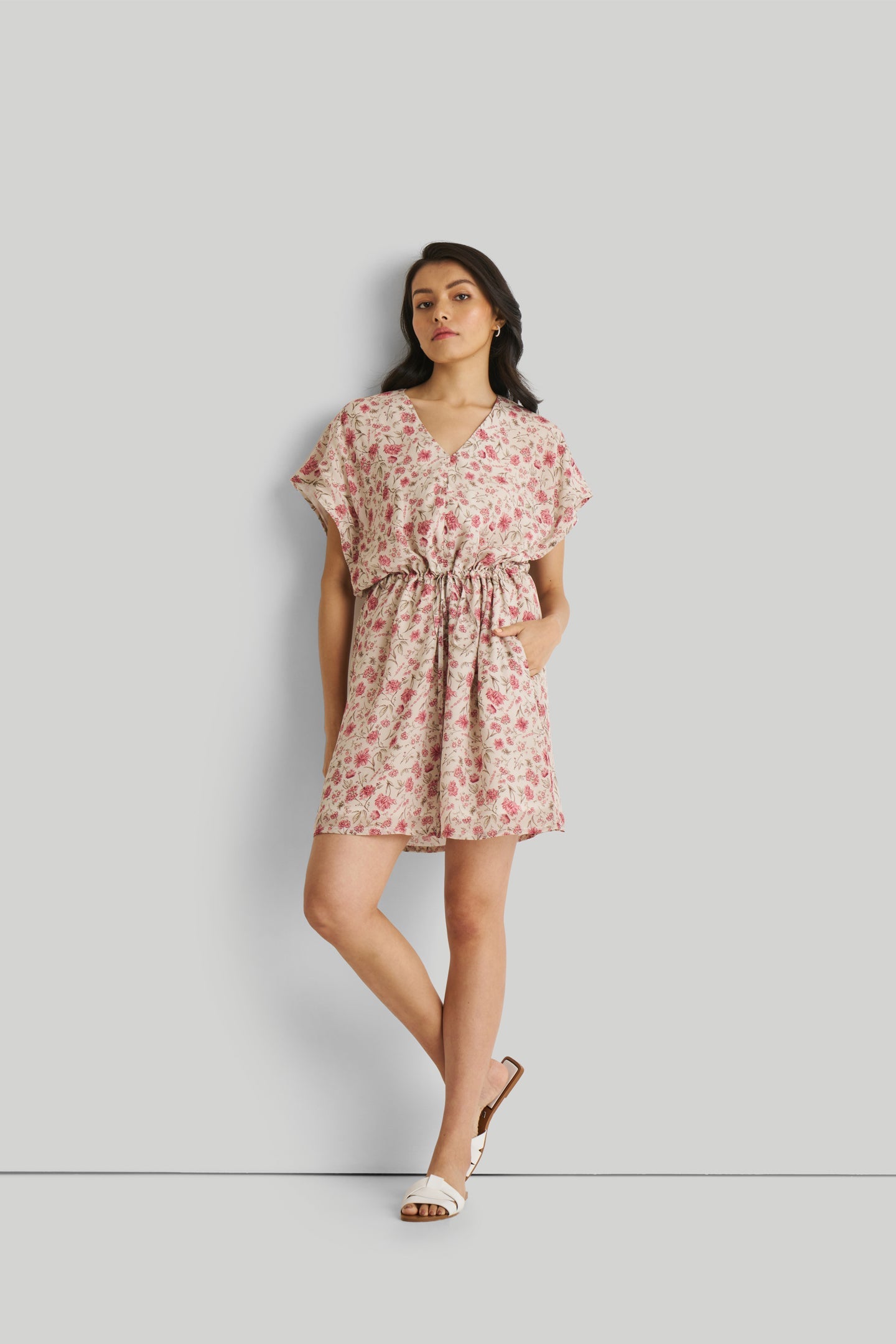 Relaxed Drawstring Floral Dress-2