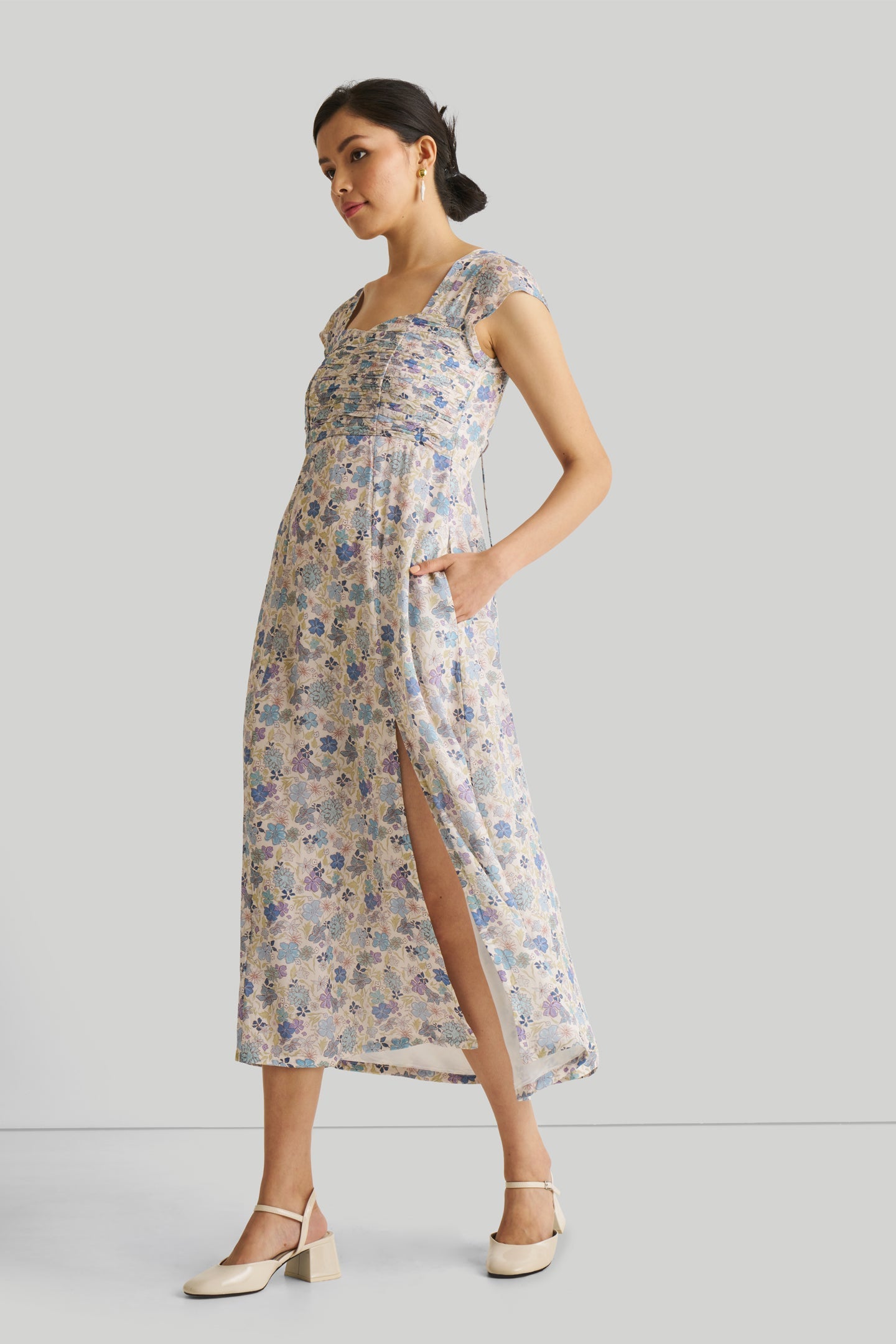 Ruched Dress in Blue Florals-3