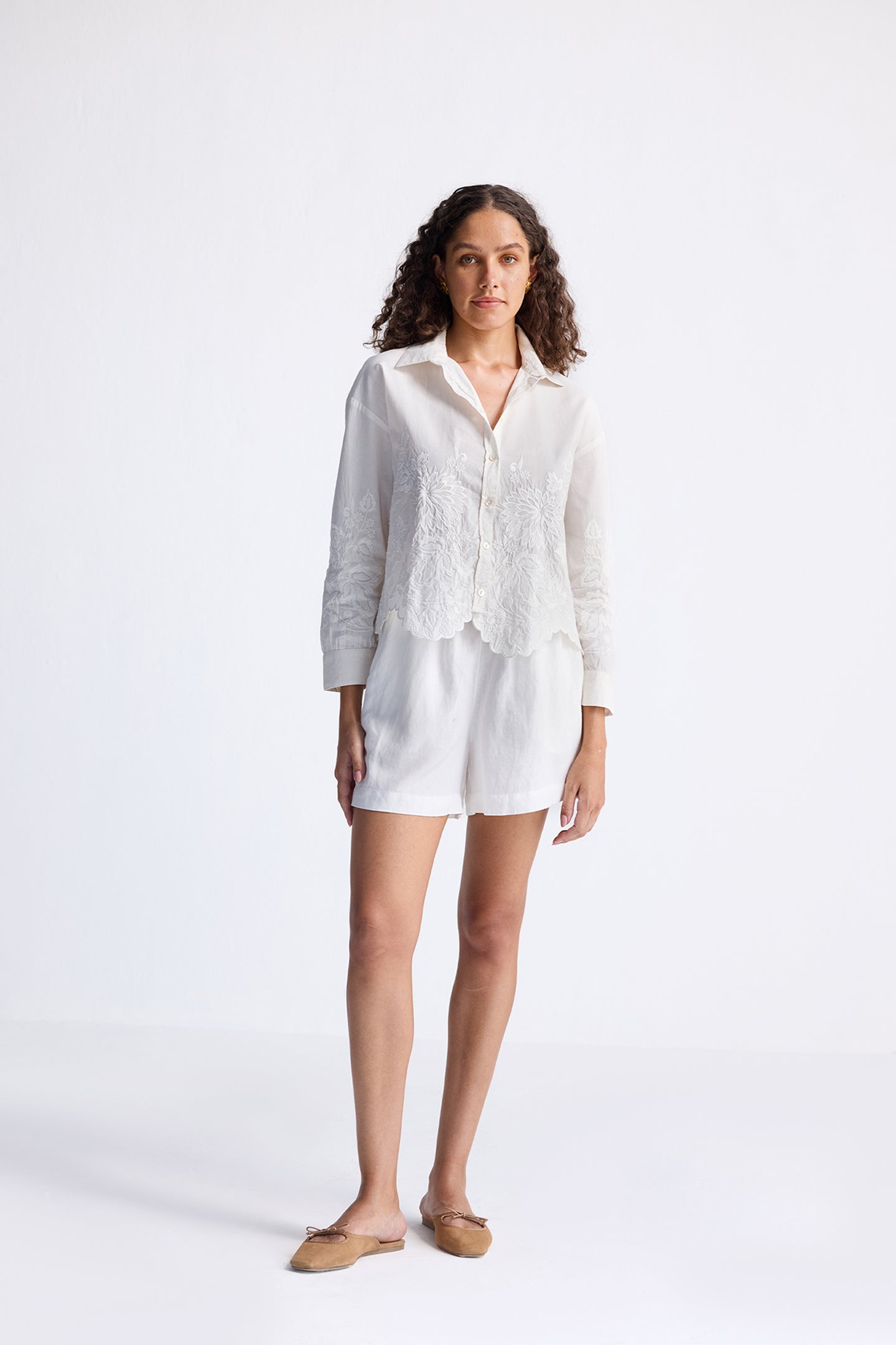 Embroidered Button-up Shirt in White-2